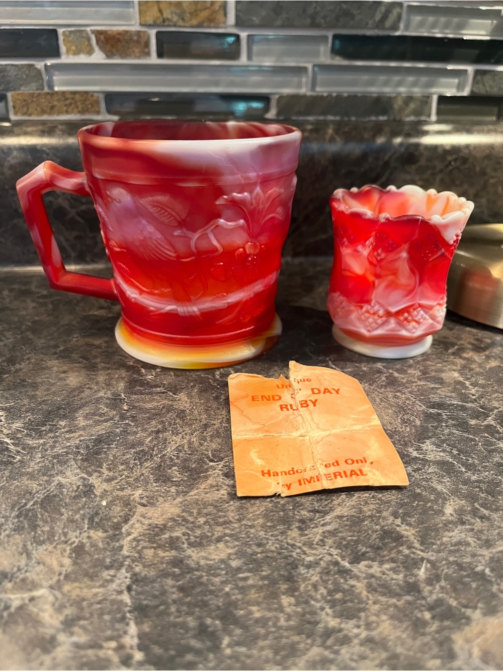 Ruby Swirl Glass Mug and Toothpick Holder - Red and White